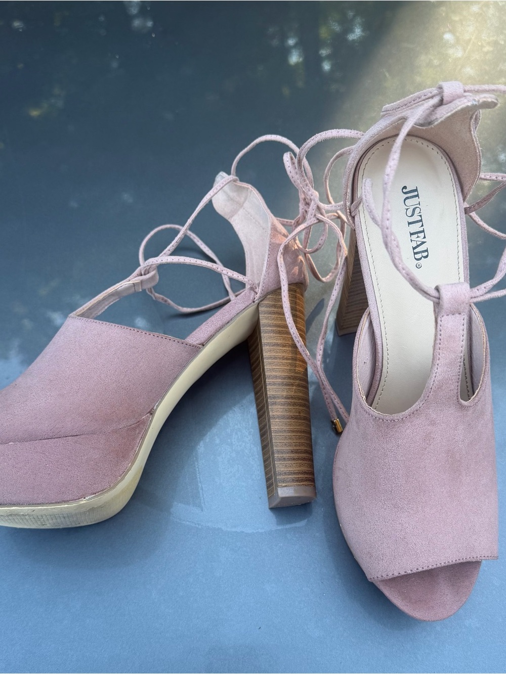 JustFab Dusty Pink Suede Lace-Up Block Heels